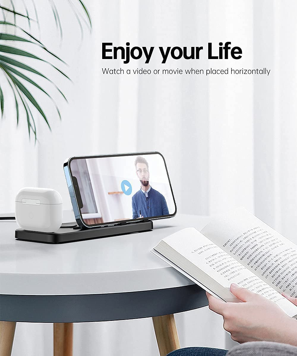 Portable 3 in 1 Charging Station for Apple Devices Foldable for Apple Watch 7/6/SE/5/4/3/2/1 for Iphone Airpods Pro3/2/1 Charging Stand Black