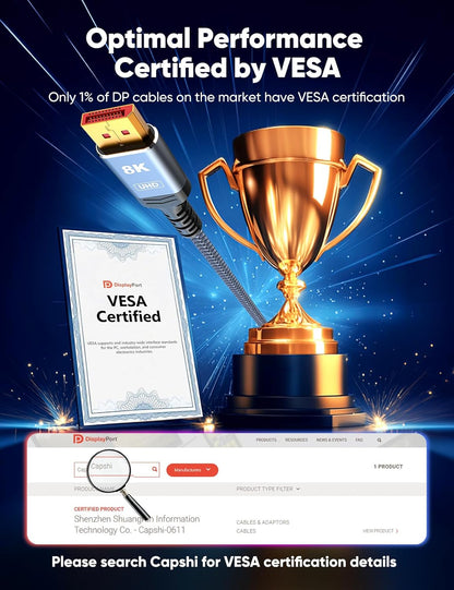 8K Displayport Cable 1.4, VESA Certified 6.6FT DP Cord (8K@60Hz, 4K@144Hz, 2K@240Hz), 32.4Gbps Display Port Cable for Gaming Monitor, Graphic, PC, HDR/HDCP 2.2/Freesync/G-Sync, Braided, Grey